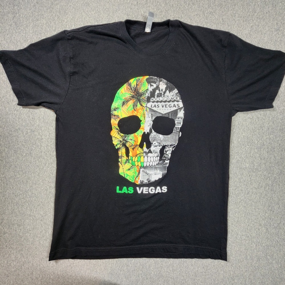 KNLA Las Vegas Skull Graphic T-Shirt Mens L Black Good Tropical Souvenir Tee